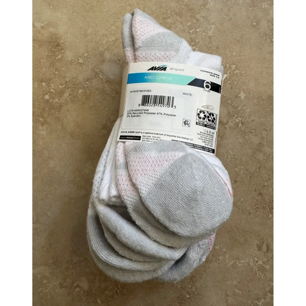 Avia Mid Crew Socks Women 4-9 All‎ Sport White Athletic 6 Pairs NEW